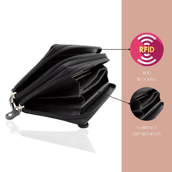 RFID Blocking Leather Black Checkbook Cover, ID Holder, Credit Card & Currency - Picture 6 of 14